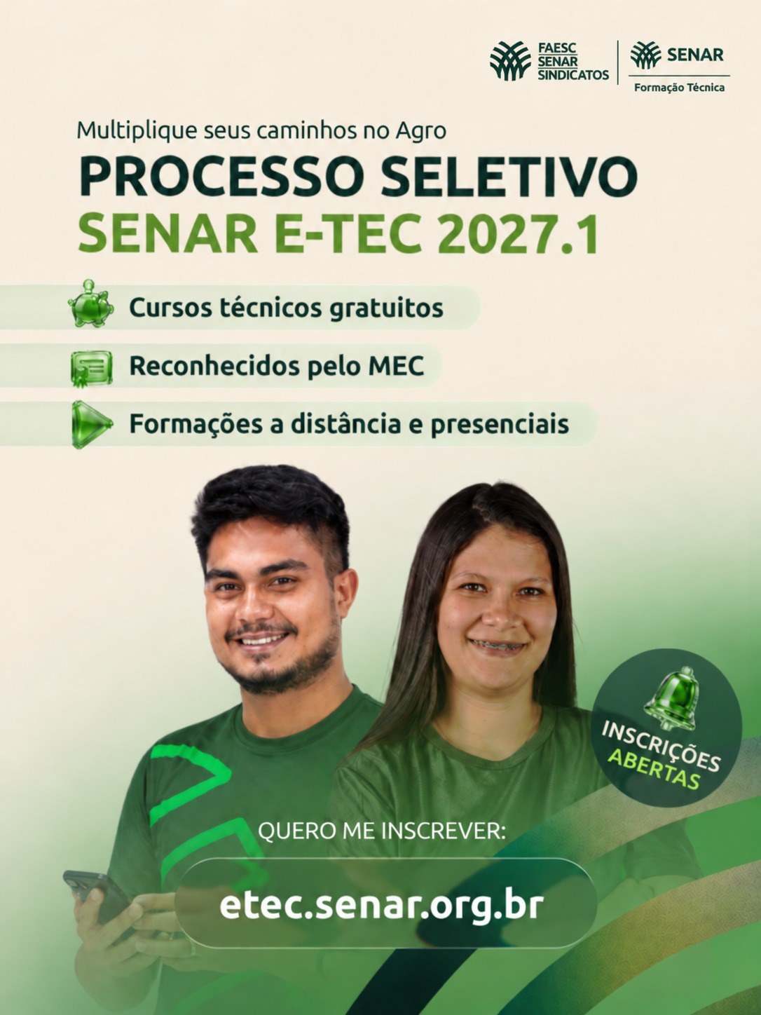 Inscrições abertas para os cursos técnicos gratuitos do Sistema Faesc/Senar/Sindicatos Rurais
