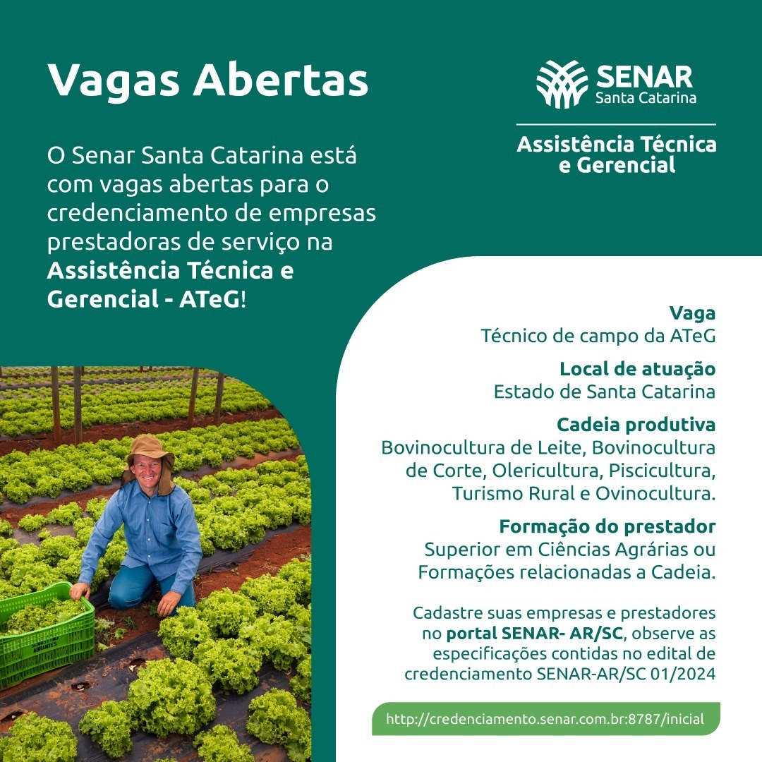 SENAR/SC abre credenciamento de empresas para atuarem na Assistência Técnica e Gerencial