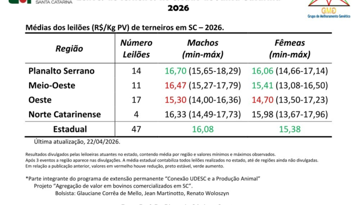 Preço de terneiros em SC revela alta na média estadual e variações regionais